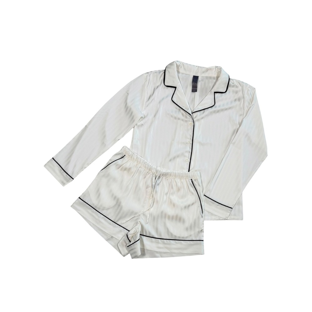 Auden Luxe Womens White Satin Striped Pajama Set Long Sleeve Shorts Size Small